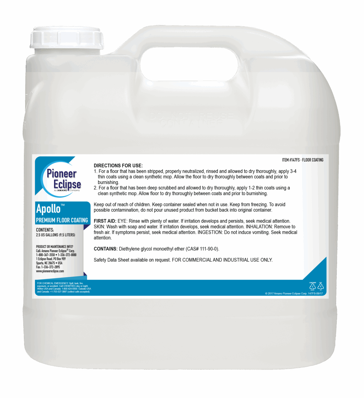 147fs_122717 Pioneer Eclipse Apollo Ultra High Speed Floor Finish – 2.5 Gallon Bottle – 2 Bottles/Case