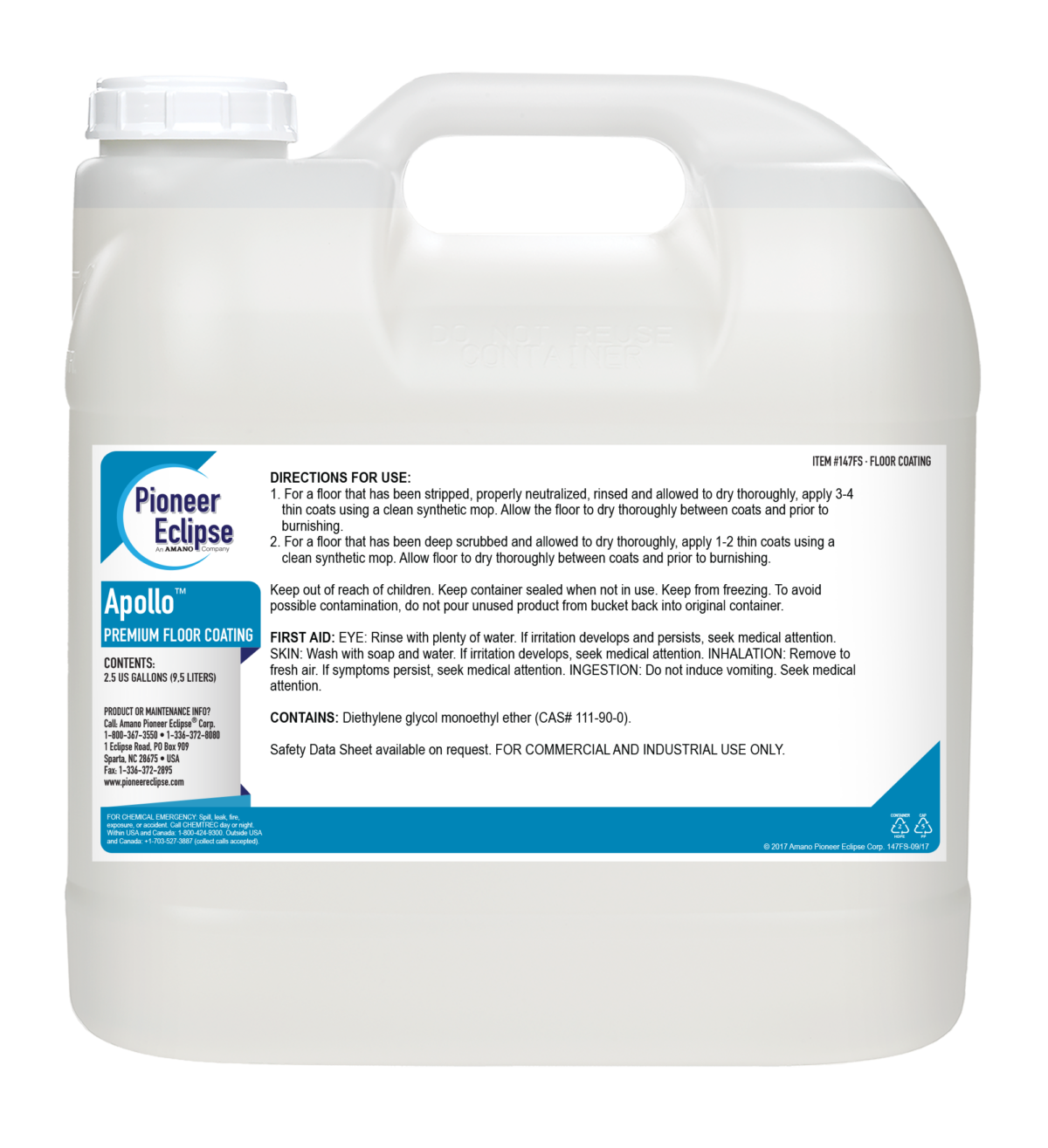 147fs_122717 Pioneer Eclipse Apollo Ultra High Speed Floor Finish – 2.5 Gallon Bottle – 2 Bottles/Case