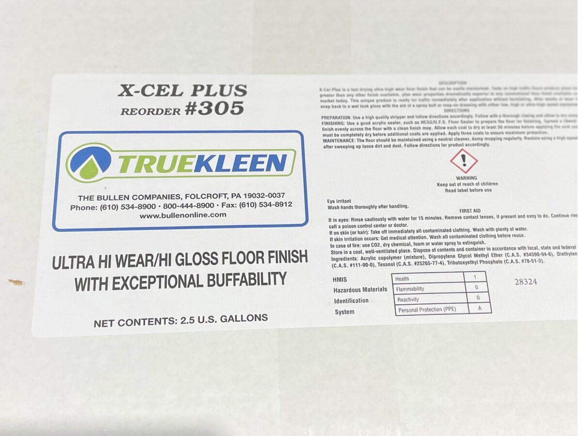 Truekleen X-Cel Plus Ultra High Wear/Gloss Floor Finish – 2.5 Gallon Bib – 2/Case