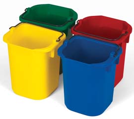 Rubbermaid 5 quart disinfecting pails in yellow, green, red,